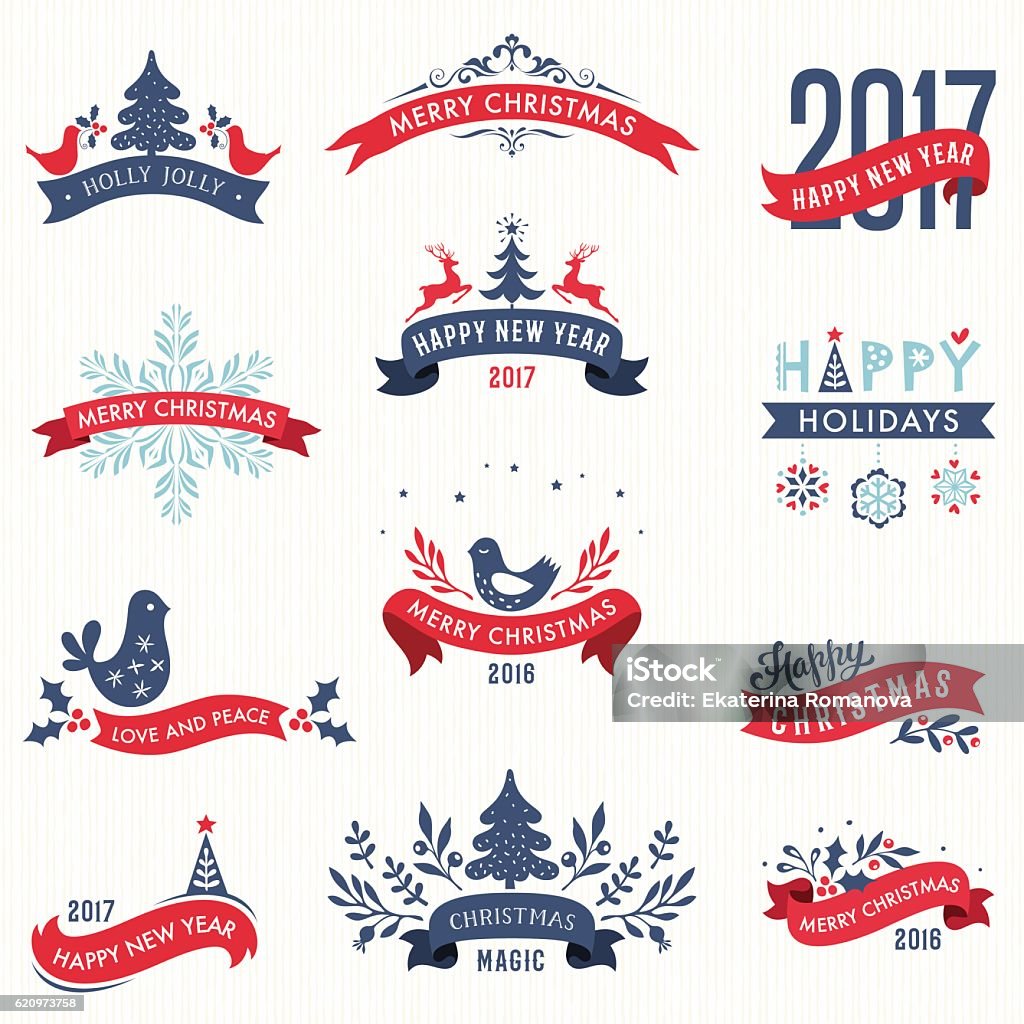 Merry Christmas and New Year Banners Merry Christmas and New Year typographic banners with Winter Holidays design elements. Decorative red ribbons. Vector illustration set. Christmas stock vector