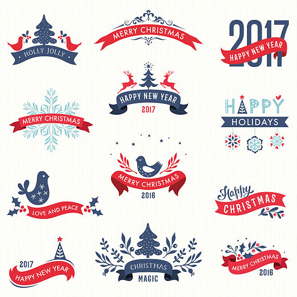 Merry Christmas and New Year Banners Merry Christmas and New Year typographic banners with Winter Holidays design elements. Decorative red ribbons. Vector illustration set. christmas card illustrations stock illustrations