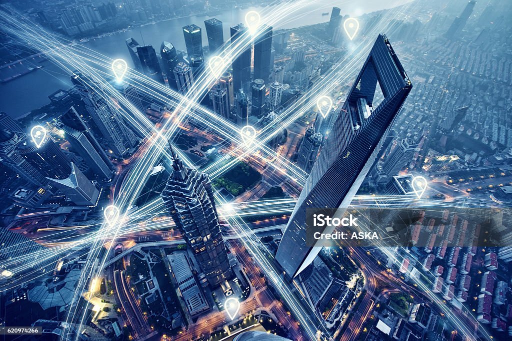 Map pin flat above city scape and network connection concept City Stock Photo