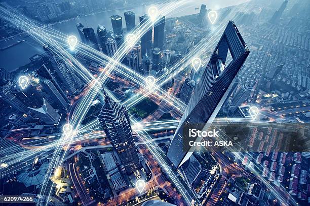 Map Pin Flat Above City Scape And Network Connection Concept Stock Photo - Download Image Now