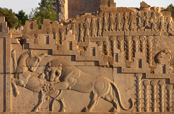 istock Embossed Combat Between Lion and Bull Carved on Persepolis Staircase 620976256