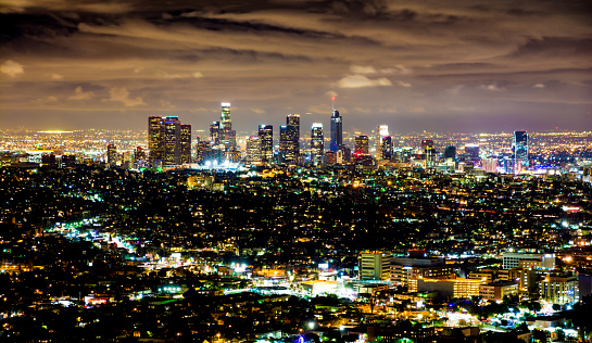 A view over the Los Angeles skyline at dusk/evening. 