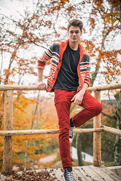 Handsome man on a fall day Good looking young man outdoors on a beautiful autumn day alone. beautiful multi colored tranquil scene enjoyment stock pictures, royalty-free photos & images