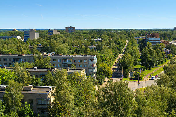 Aerial view to Dubna city skyline stock photo