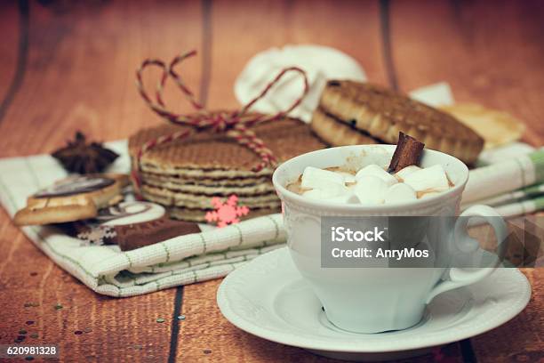 Cup With A Hot Drink Biscuits And Waffles Stock Photo - Download Image Now - Baked Pastry Item, Breakfast, Brown