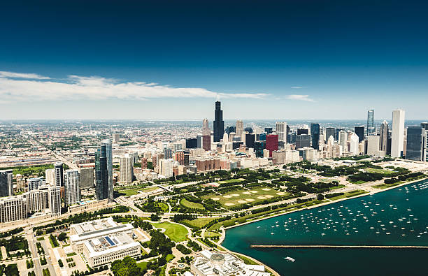 Chicago skyline aerial view Chicago skyline aerial view millennium park chicago stock pictures, royalty-free photos & images