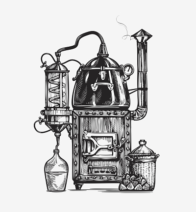 Distillation apparatus sketch. Retro hooch vector illustration