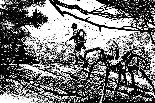 Vector illustration of Hikers and Spiders