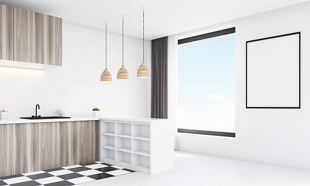 istock Corner of light wood kitchen counter on a bright day 620992186