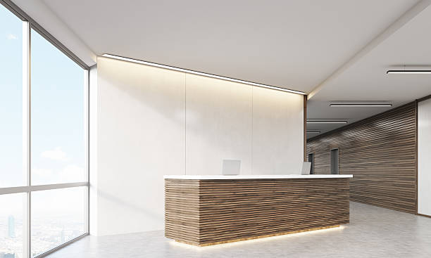 istock Side view of wooden reception counter 620992294