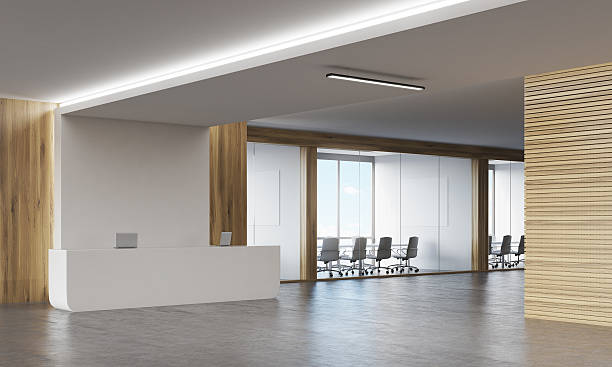 istock Side view of meeting room and reception desk 620992356
