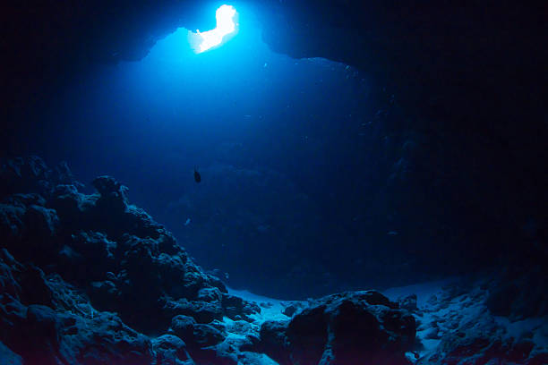 Cave Diving Sunbeam into the dark cave. deep stock pictures, royalty-free photos & images