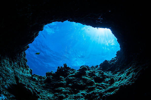 Cave Diving Sunbeam into the dark cave. cave stock pictures, royalty-free photos & images