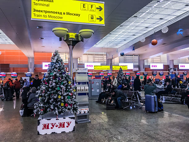 albero di natale all'aeroporto sheremetyevo, mosca, russia - mobilestock editorial russia airport foto e immagini stock