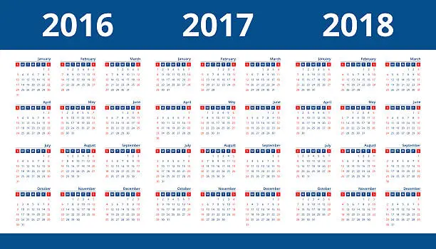 Vector illustration of Calendar 2016 2017 and 2018. Week start on Sunday.