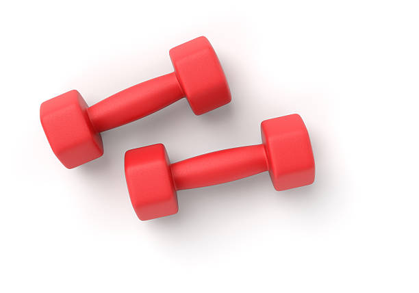 Two dumbbells on white Two red rubber or plastic coated fitness dumbbells isolated on white background. 3D illustration weights stock pictures, royalty-free photos & images
