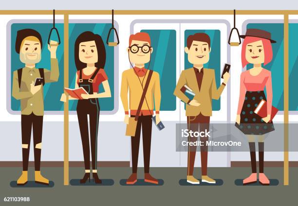 Man And Woman With Smartphone Gadgets Book In Public Transport Stock Illustration - Download Image Now