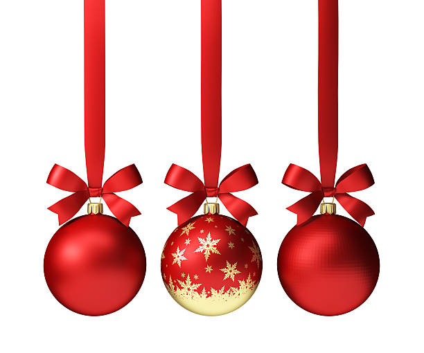 istock Red christmas balls hanging on ribbon with bows 621104016