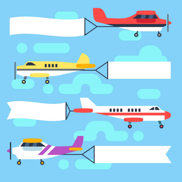 빈 배너 플래그 벡터 세트와 비행 비행기와 헬리콥터 - airplane banner biplane retro revival stock illustrations