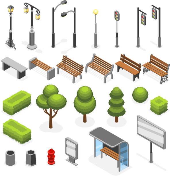 Isometric city street outdoor objects vector set Isometric city street outdoor objects vector set. Green tree and signboard structure illustration park bench vector stock illustrations