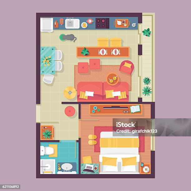Apartment Floor Plan Top View Furniture Set For Interior Design Stock Illustration - Download Image Now