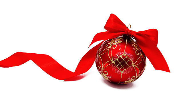 istock Perfect red christmas ball with ribbon isolated 621108436