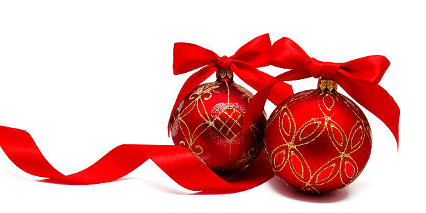 istock Perfect red christmas balsl with ribbon isolated 621108790