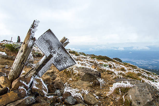 Frozen sign, grass and rocks on a mountain, Japan stock photo