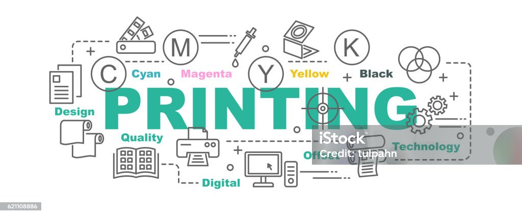 printing vector banner printing vector banner design concept, flat style with thin line art printing icons on white background Printing Press stock vector