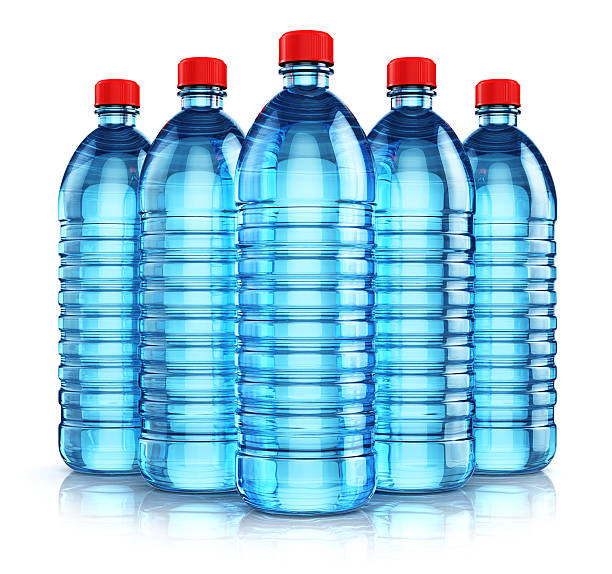 istock Group of blue plastic drink water bottles 621109012