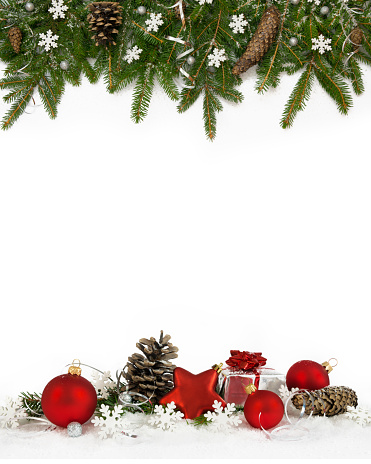 Christmas decoration  four-fifths with balls, snowflakes, cones and gift on white background.