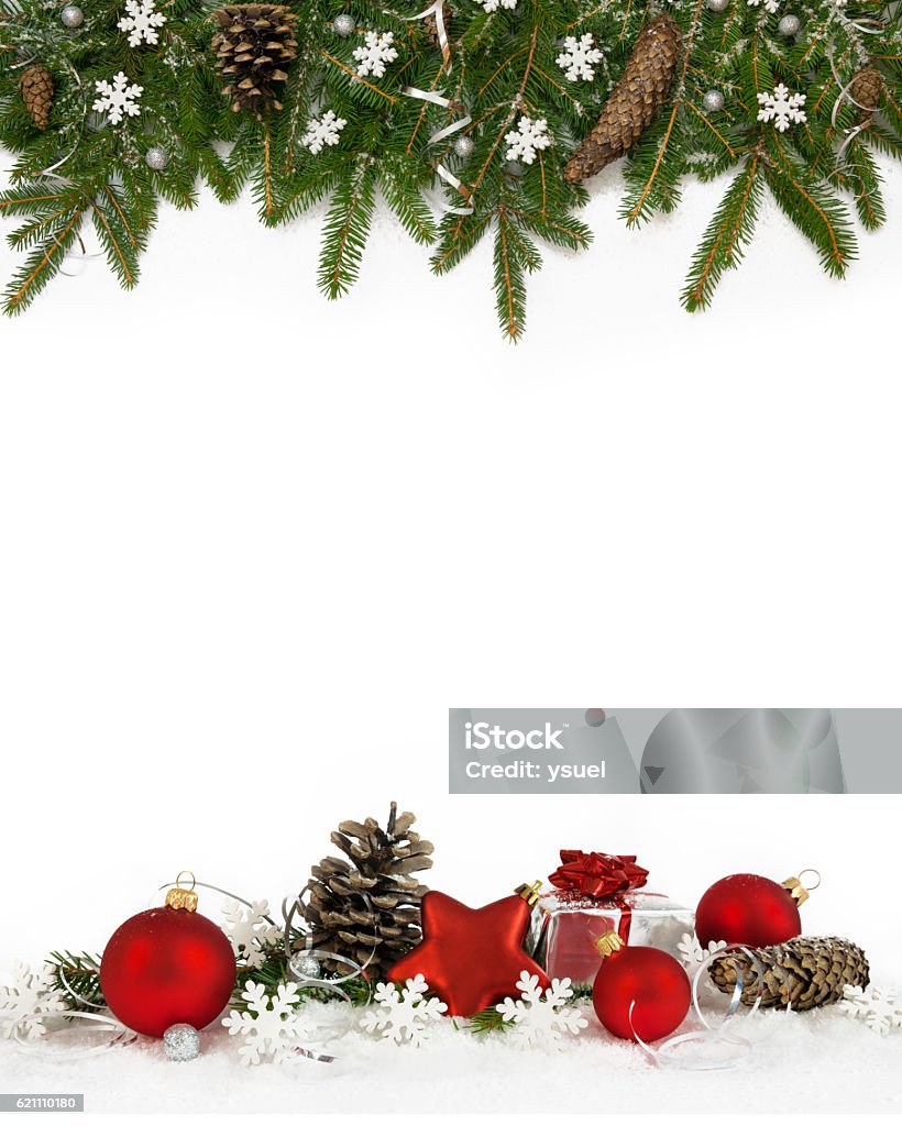 Christmas frame white snowflakes four-fifths Christmas decoration  four-fifths with balls, snowflakes, cones and gift on white background. Christmas Stock Photo