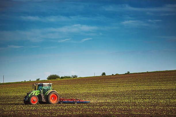 istock Farmer in tractor preparing land with seedbed cultivator 621112032