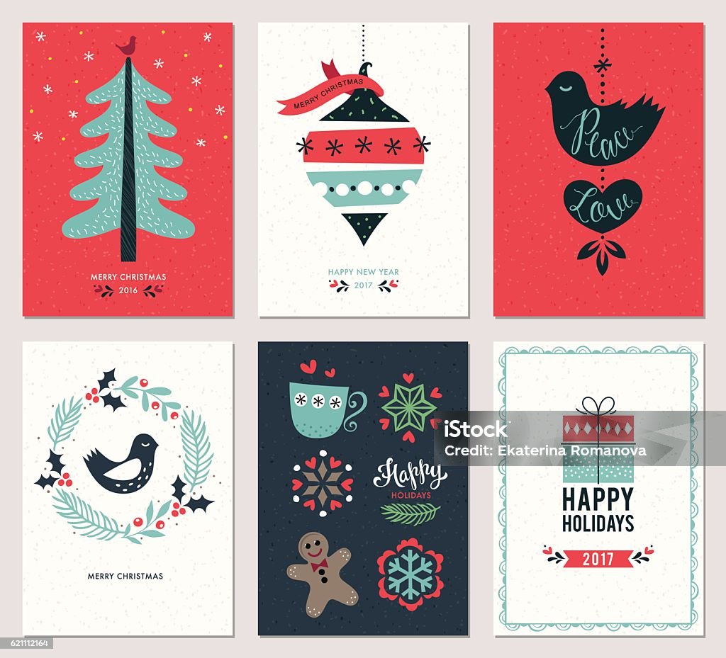 Christmas Greeting Cards Set Merry Christmas and Happy New Year greeting cards set. Vector illustration. Christmas Card stock vector