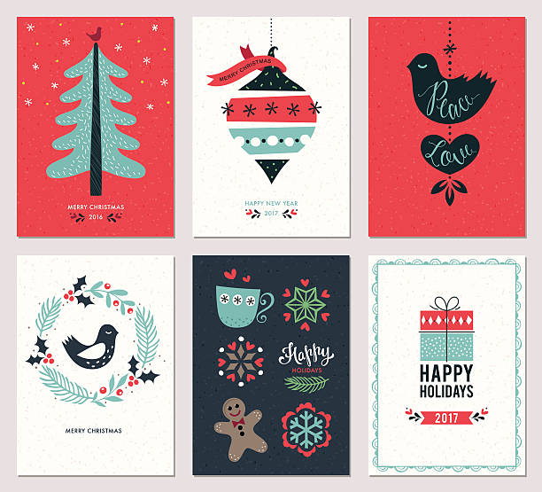 Christmas Greeting Cards Set Merry Christmas and Happy New Year greeting cards set. Vector illustration. winterberry holly stock illustrations
