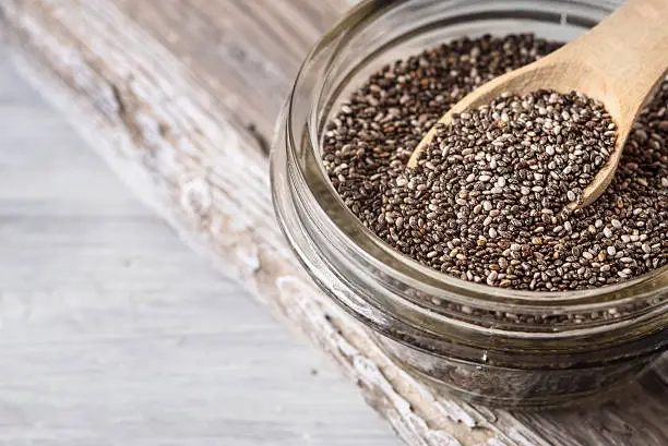 Chia seeds in a glass bowl on a white wooden table