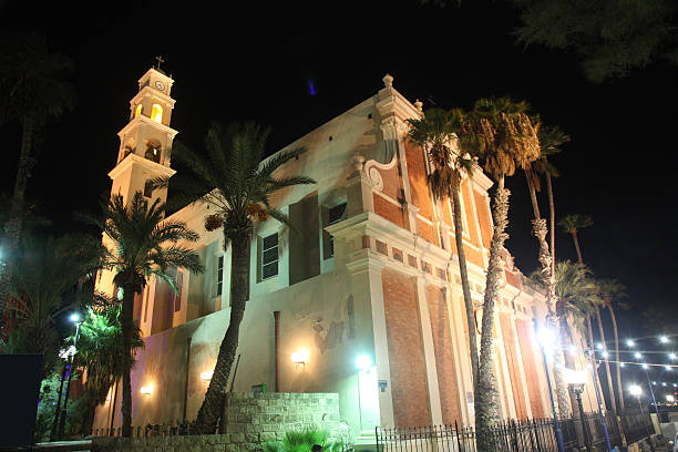 istock St. Peter's Church in Jaffa low angle view at night 621117126