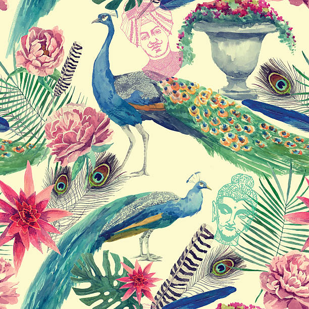 ilustrações de stock, clip art, desenhos animados e ícones de seamless watercolor pattern with peacocks. hand drawn vector. - animal print pictures