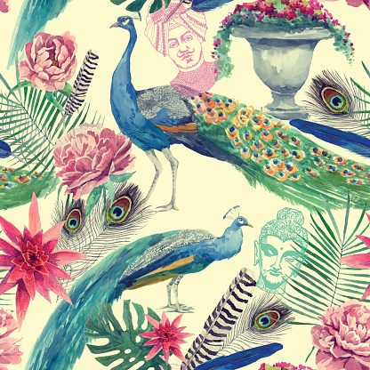 Seamless watercolor pattern with peacocks. Hand drawn vector.