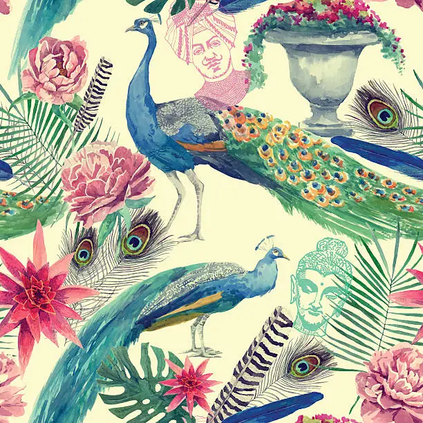 Vector illustration of Seamless watercolor pattern with peacocks. Hand drawn vector.