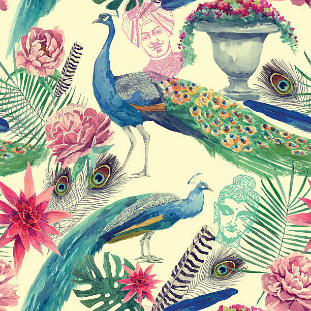 seamless watercolor pattern with peacocks. hand drawn vector. - 藍孔雀 幅插畫檔、美工圖案、卡通及圖標