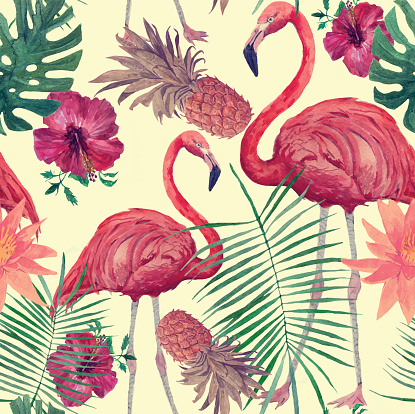Seamless watercolor pattern with flamingo, leaves, flowers. Hanad drawn vector.