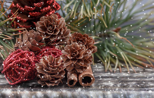 istock Christmas decorations with pine cones and cinnamon sticks. 621118798