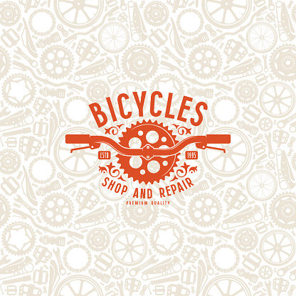 Seamless pattern with image of bicycle details. Bike shop label