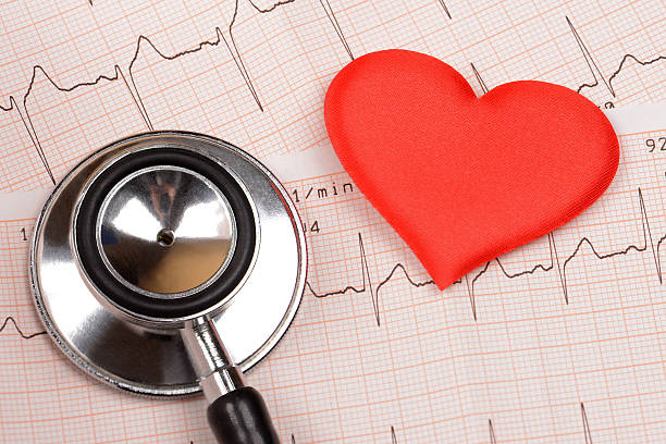 istock Cardiogram chart with red heart and stethoscope 621119598