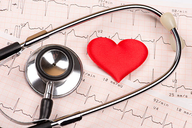 istock Cardiogram chart with red heart and stethoscope 621119948