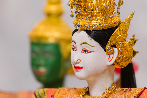 Bangkok, Thailand - January 16: Thai traditional puppet play displayed openly for public at Thai Cultural Center in a campaign for the conservation of Thai traditional performing arts