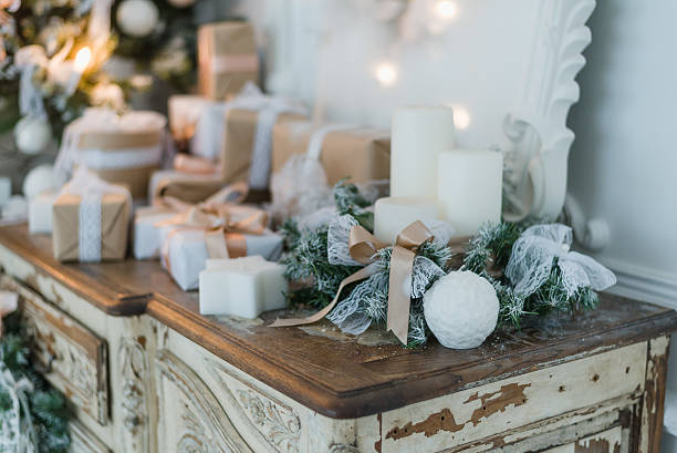istock Christmas decoration on ancient vintage old commode chest of drawers 621121230