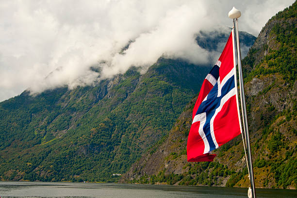istock Norwegian flag waving in the fjords 621122620