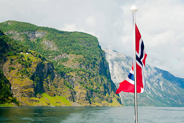 istock Norwegian flag waving in the fjords 621122734
